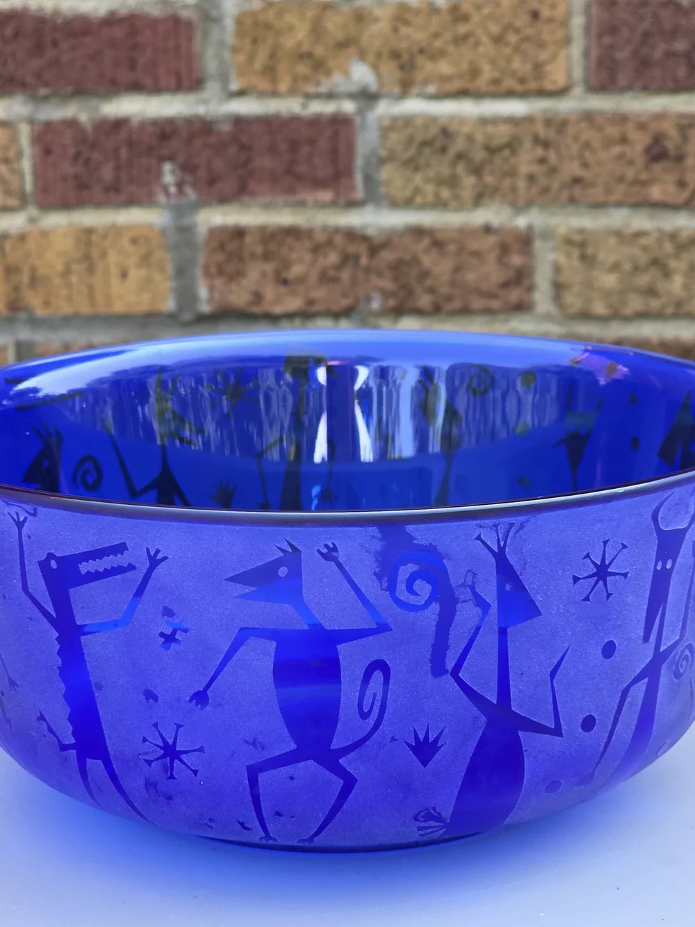 Leandra Drumm Etched Blue Glass Bowl with Whimsical Figures 9